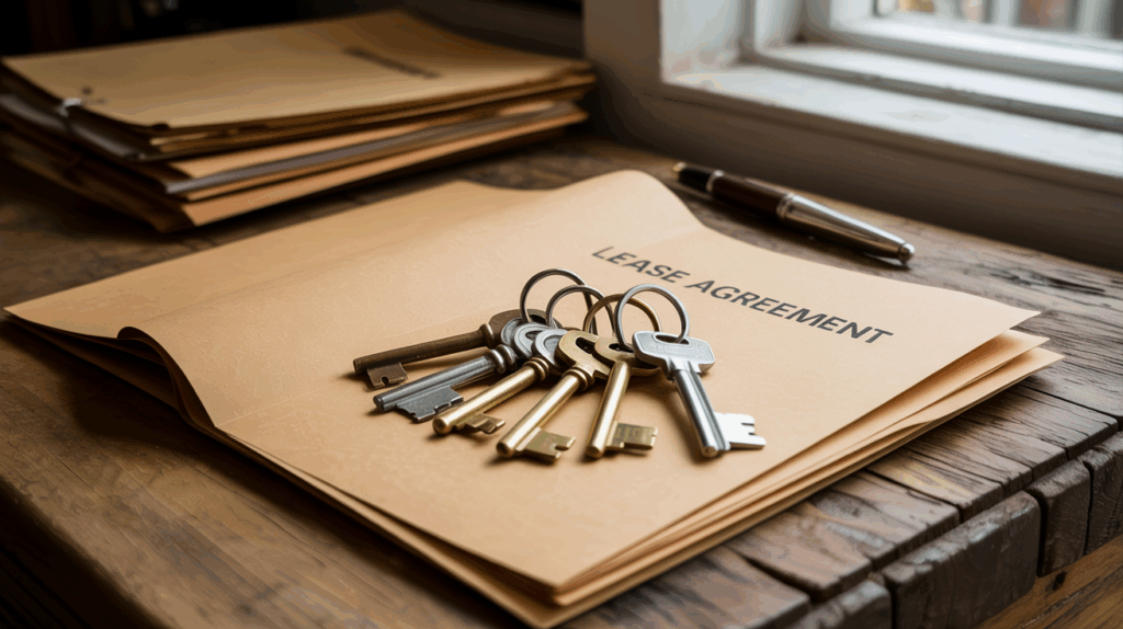  set of house keys placed on a contract folder, representing common property owner questions about leasing and rental agreements