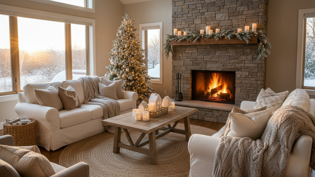 Living room staged for winter home sale with cozy holiday accents and soft lighting.