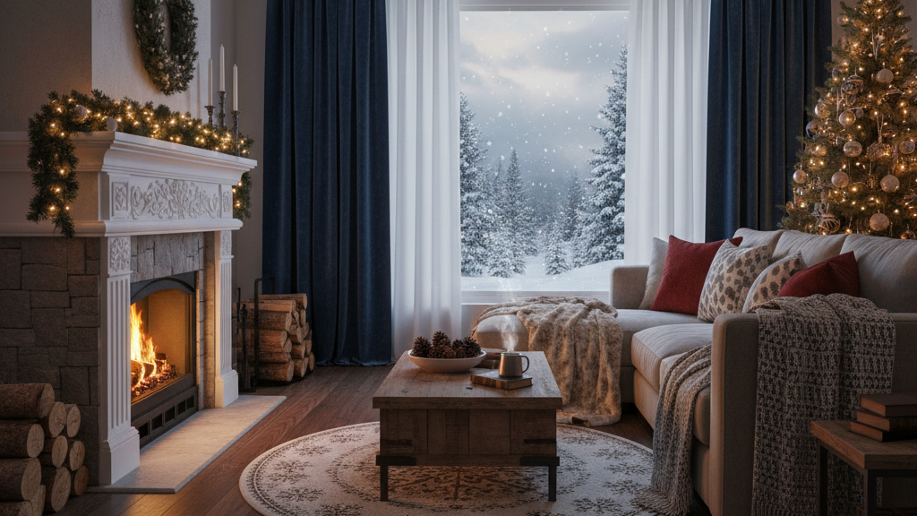 Living room staged for a winter home sale with seasonal accents and soft lighting.