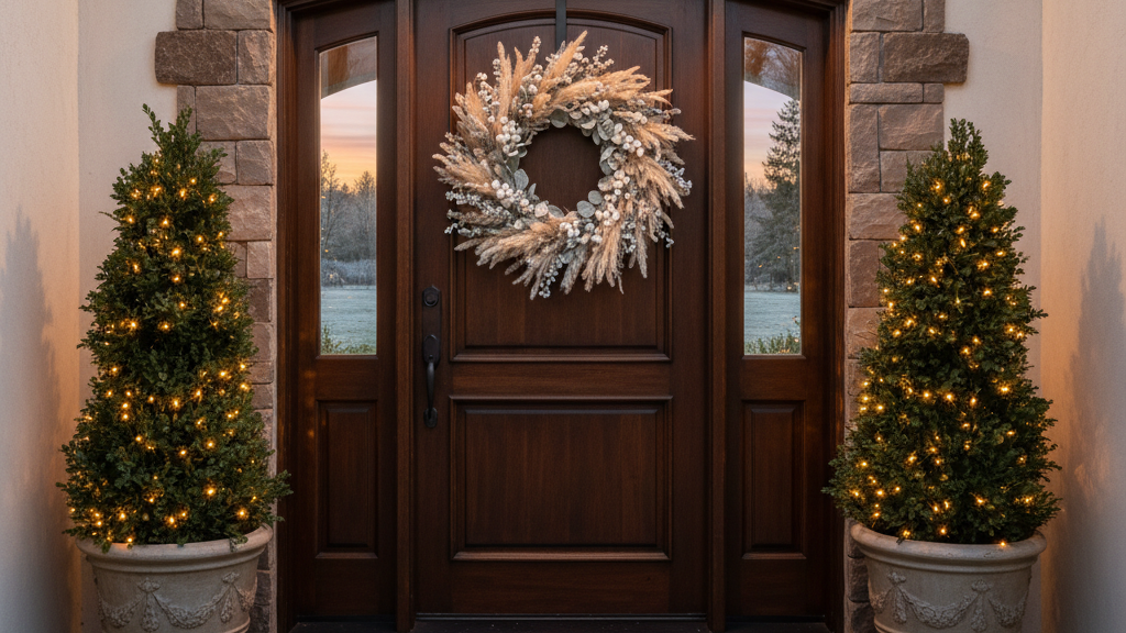 Front entryway staged with a holiday wreath and greenery for winter home sale.