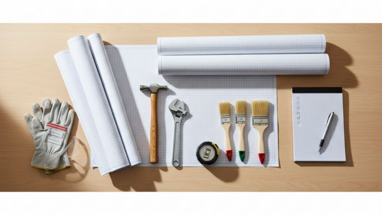 Home maintenance preparation workspace with tools and prep materials for pre-listing fixes