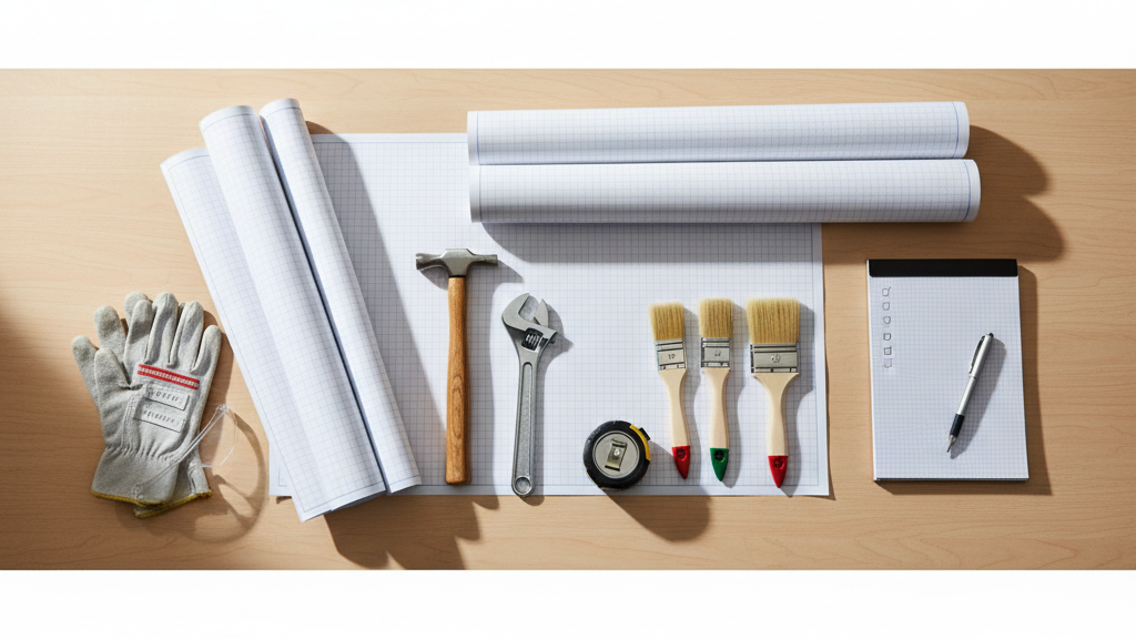 Home maintenance preparation workspace with tools and prep materials for pre-listing fixes