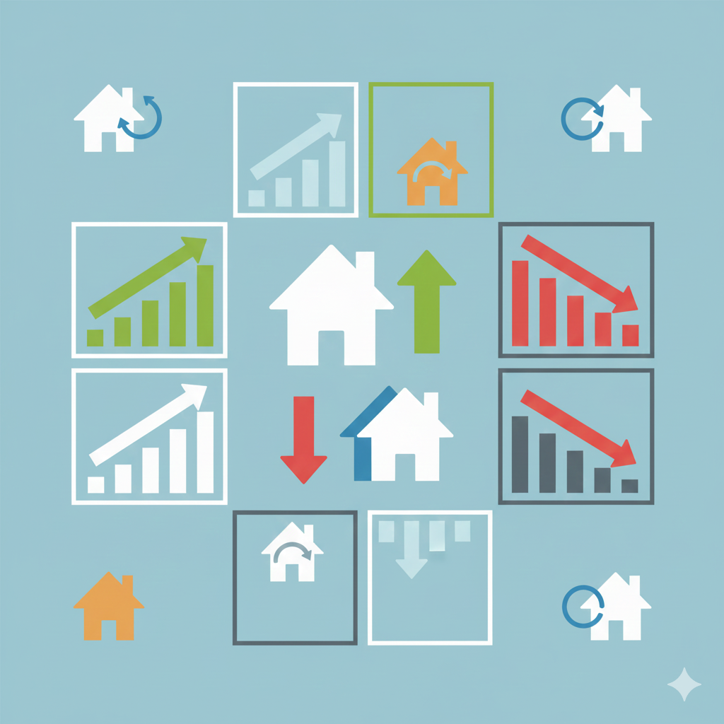 Abstract icons representing real estate market trends and forecast movements