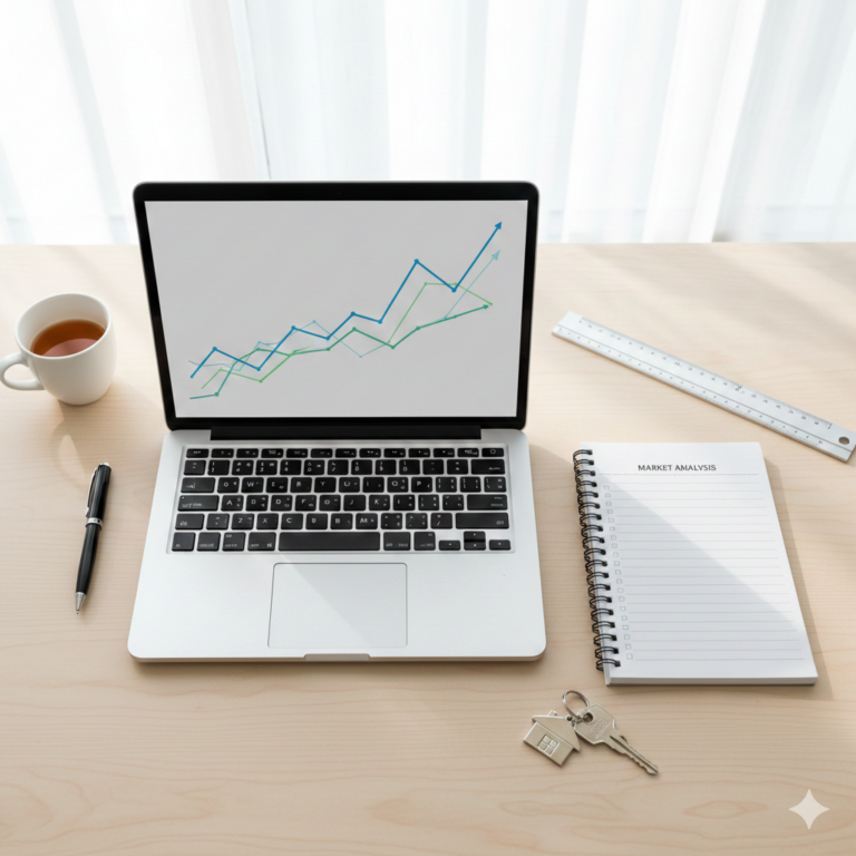 Workspace setup with laptop and planning tools representing real estate market forecasting