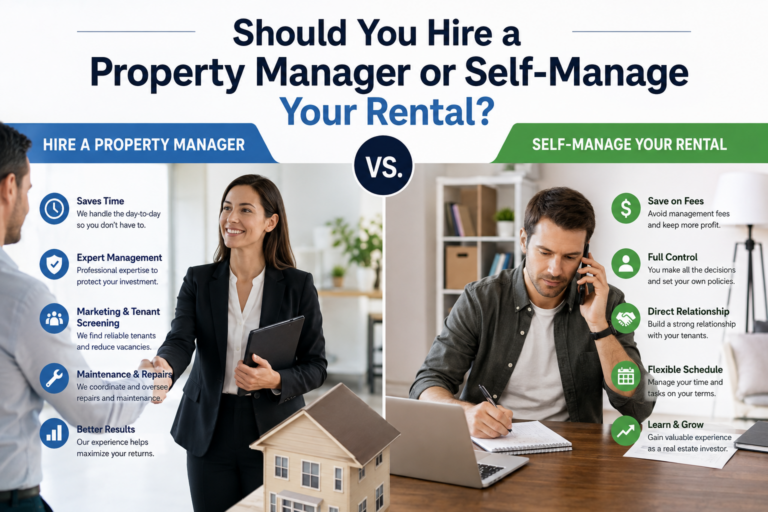 Illustration comparing hiring a property manager versus self-managing a rental property, highlighting the benefits of professional management, cost savings, control, tenant relationships, and flexibility.