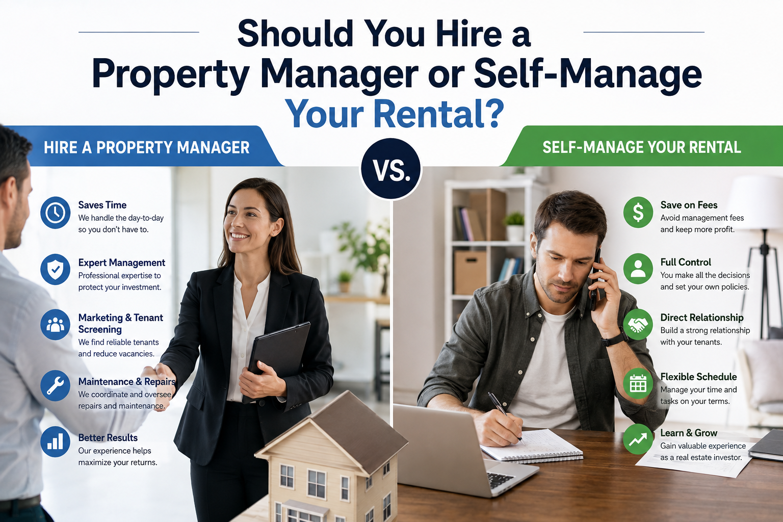 Illustration comparing hiring a property manager versus self-managing a rental property, highlighting the benefits of professional management, cost savings, control, tenant relationships, and flexibility.