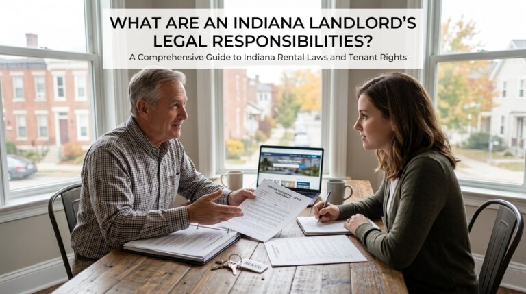 Indiana landlord reviewing a rental property lease agreement and maintenance checklist with a tenant.