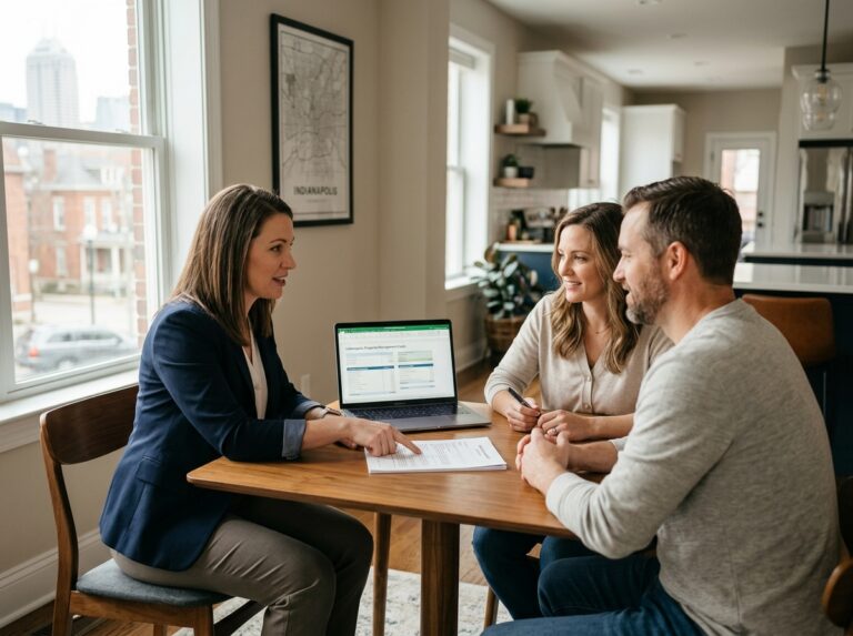 Indianapolis property manager reviewing rental property management fee costs and pricing with a landlord.