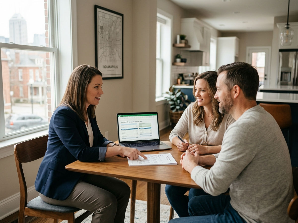 Indianapolis property manager reviewing rental property management fee costs and pricing with a landlord.